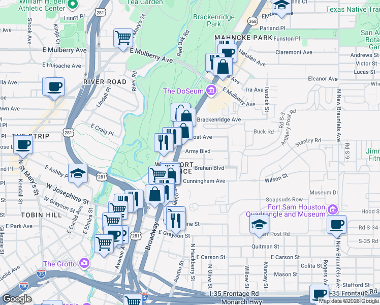 map of restaurants, bars, coffee shops, grocery stores, and more near 233 Army Boulevard in San Antonio