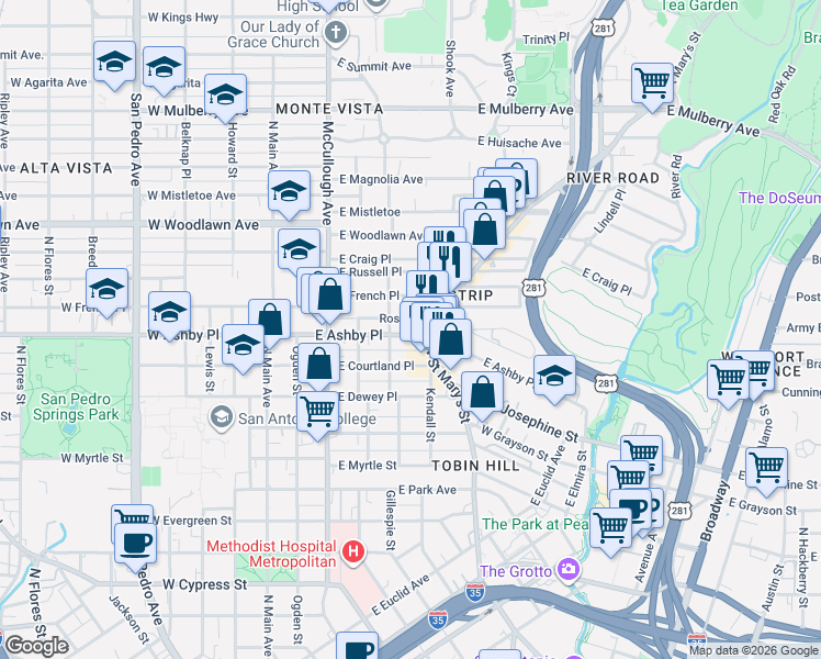 map of restaurants, bars, coffee shops, grocery stores, and more near in San Antonio