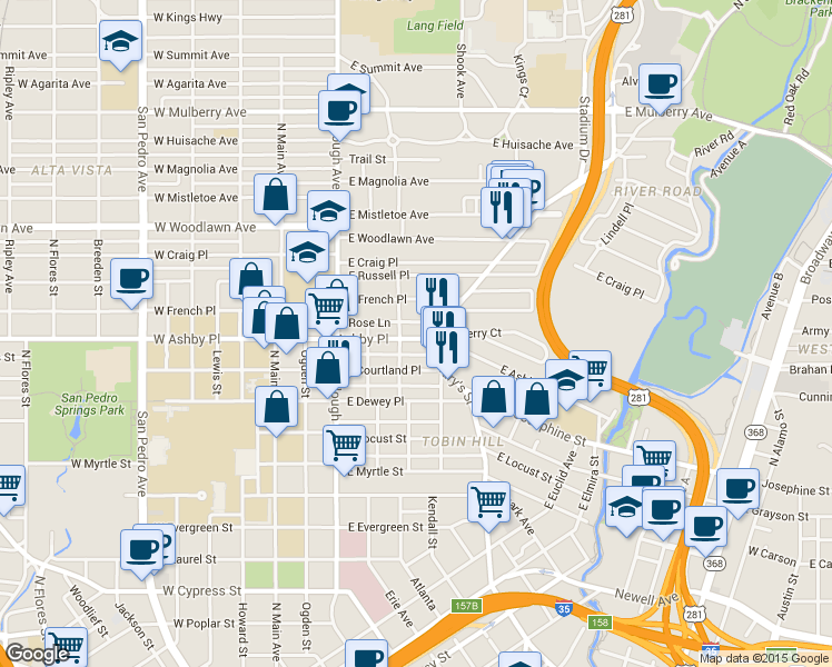 map of restaurants, bars, coffee shops, grocery stores, and more near in San Antonio