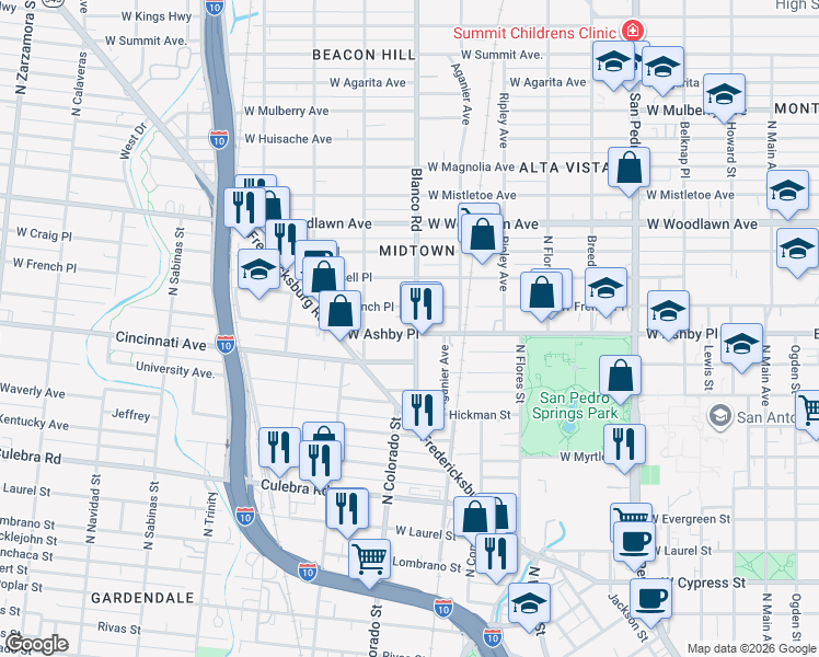 map of restaurants, bars, coffee shops, grocery stores, and more near 409 Blanco Road in San Antonio