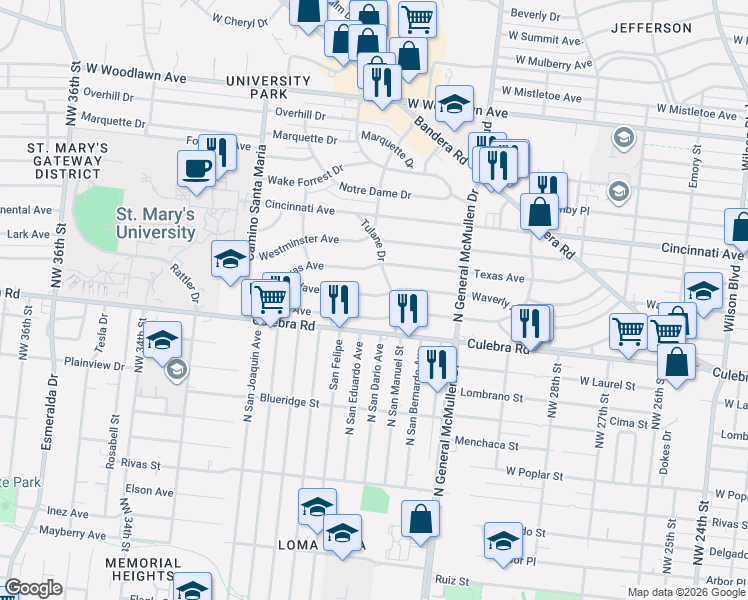 map of restaurants, bars, coffee shops, grocery stores, and more near 2530 Waverly Avenue in San Antonio