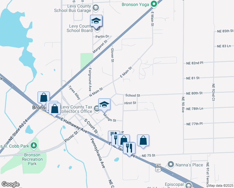 map of restaurants, bars, coffee shops, grocery stores, and more near 310 School Street in Bronson