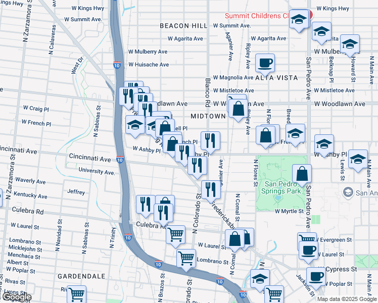 map of restaurants, bars, coffee shops, grocery stores, and more near 1137 West Ashby Place in San Antonio