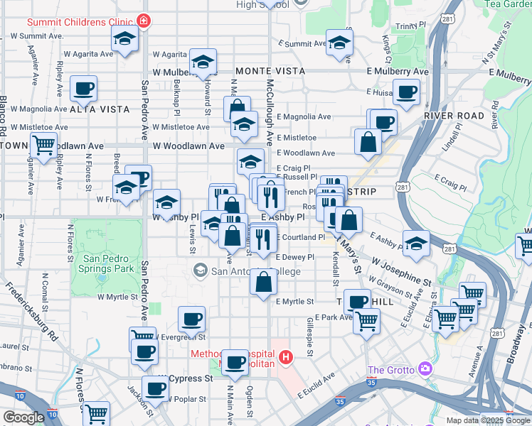 map of restaurants, bars, coffee shops, grocery stores, and more near in San Antonio
