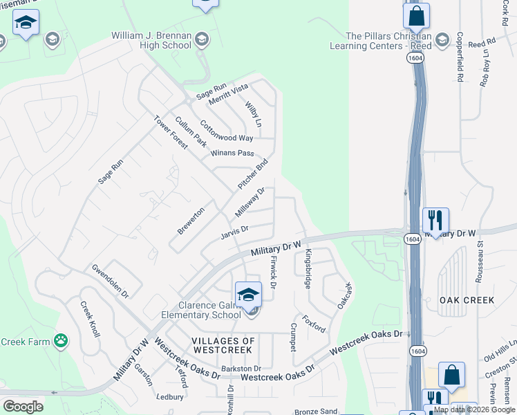 map of restaurants, bars, coffee shops, grocery stores, and more near 11715 Abbey Way in San Antonio