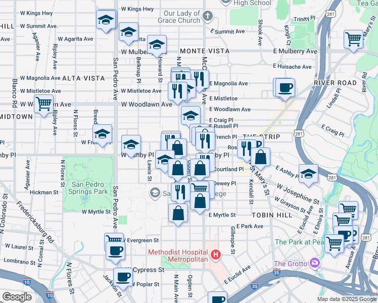 map of restaurants, bars, coffee shops, grocery stores, and more near 127 East Ashby Place in San Antonio