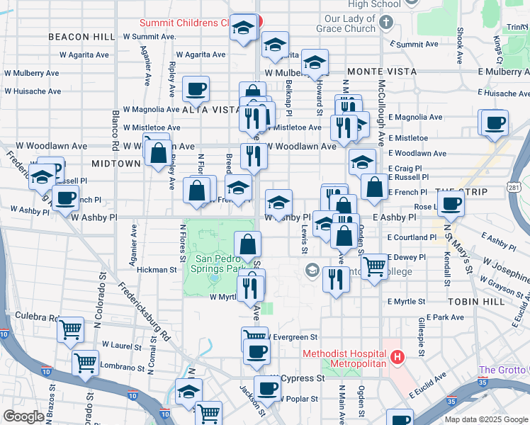 map of restaurants, bars, coffee shops, grocery stores, and more near 515 West Ashby Place in San Antonio