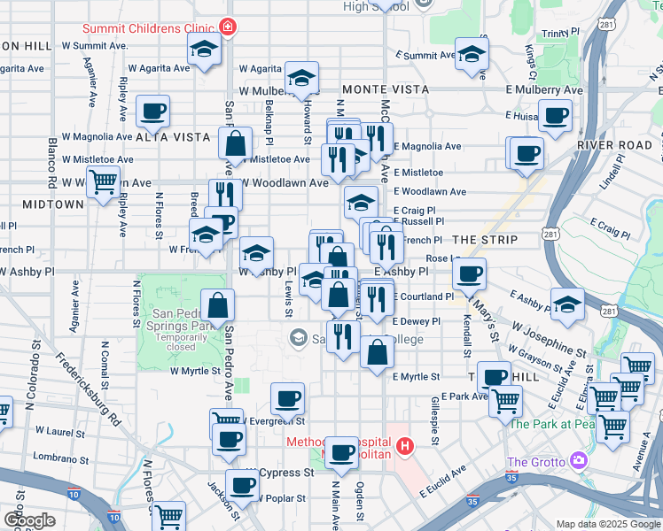 map of restaurants, bars, coffee shops, grocery stores, and more near 2019 North Main Avenue in San Antonio