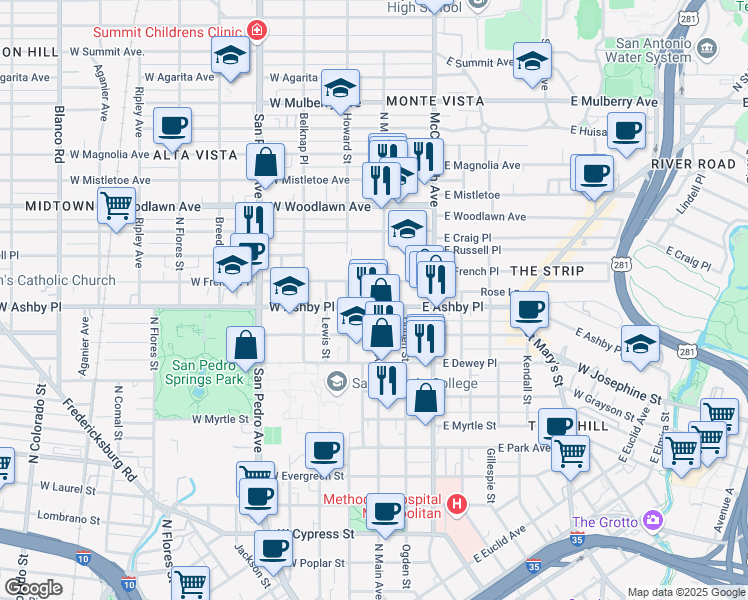 map of restaurants, bars, coffee shops, grocery stores, and more near 103 West Ashby Place in San Antonio