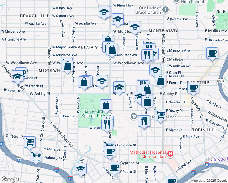 map of restaurants, bars, coffee shops, grocery stores, and more near 515 West Ashby Place in San Antonio
