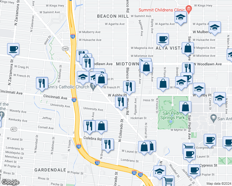 map of restaurants, bars, coffee shops, grocery stores, and more near 1137 West Ashby Place in San Antonio