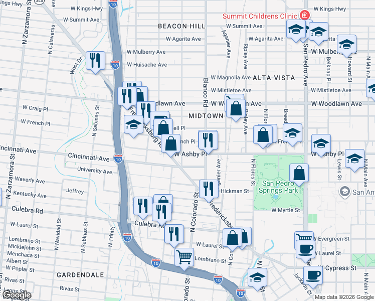 map of restaurants, bars, coffee shops, grocery stores, and more near 1137 West Ashby Place in San Antonio