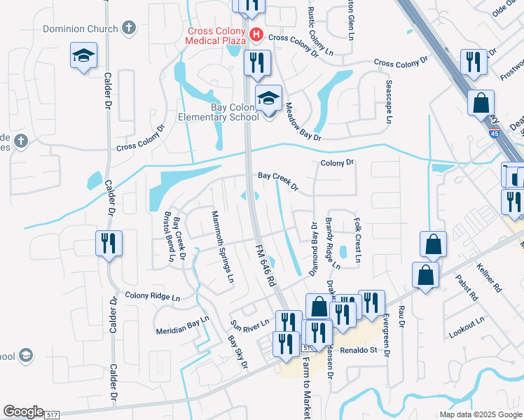 map of restaurants, bars, coffee shops, grocery stores, and more near 206 Colony Creek Drive in Dickinson