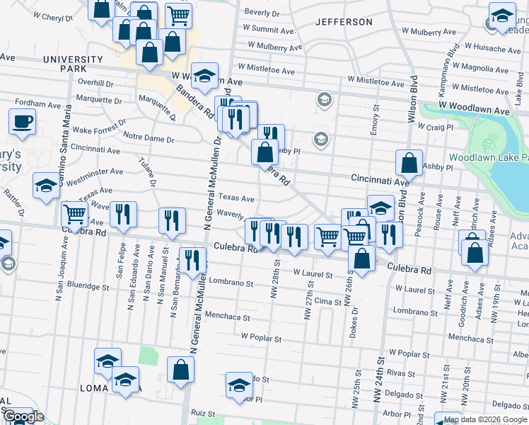 map of restaurants, bars, coffee shops, grocery stores, and more near 167 Sweetbriar Avenue in San Antonio