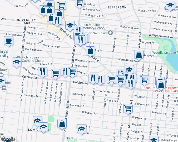 map of restaurants, bars, coffee shops, grocery stores, and more near 167 Sweetbriar Avenue in San Antonio