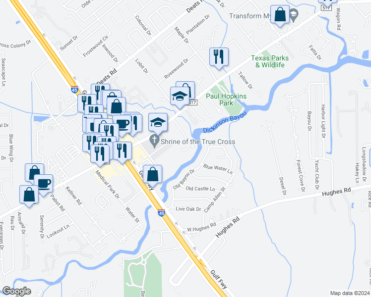 map of restaurants, bars, coffee shops, grocery stores, and more near 612 Pine Manor Ln in Dickinson