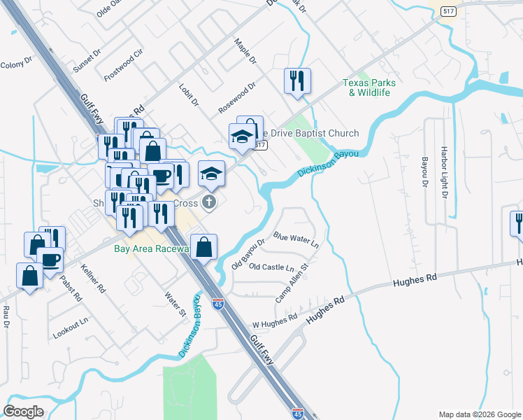 map of restaurants, bars, coffee shops, grocery stores, and more near 612 Pine Manor Lane in Dickinson