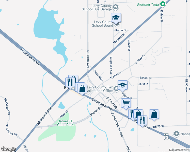 map of restaurants, bars, coffee shops, grocery stores, and more near 201 Tyres Alley in Bronson