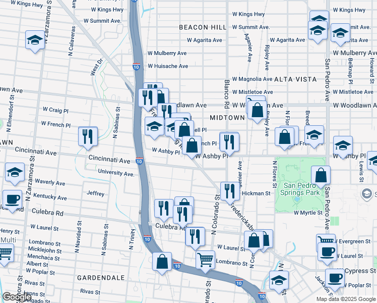 map of restaurants, bars, coffee shops, grocery stores, and more near 710 Fredericksburg Road in San Antonio