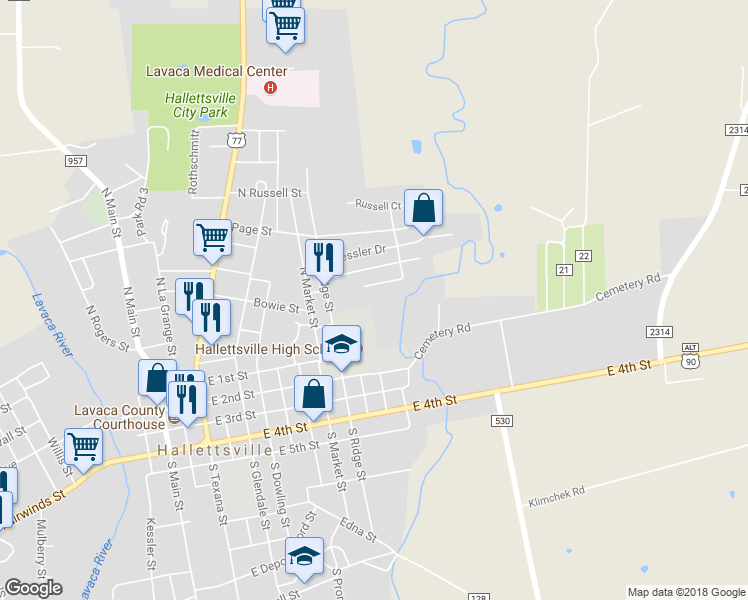 map of restaurants, bars, coffee shops, grocery stores, and more near 406 North Ridge Street in Hallettsville