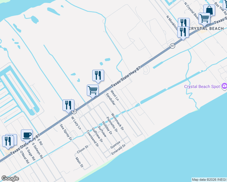 map of restaurants, bars, coffee shops, grocery stores, and more near 1412 Texas 87 in Bolivar Peninsula