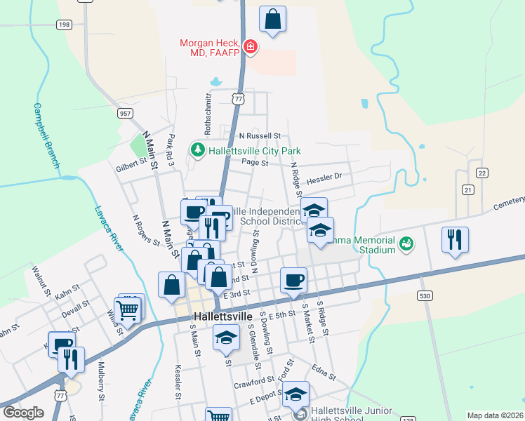 map of restaurants, bars, coffee shops, grocery stores, and more near 307 Bowie Street in Hallettsville