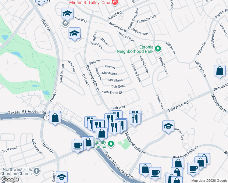 map of restaurants, bars, coffee shops, grocery stores, and more near 9023 Rich Trace Street in San Antonio