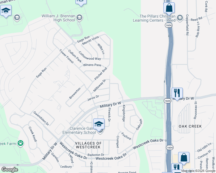 map of restaurants, bars, coffee shops, grocery stores, and more near 11715 Abbey Way in San Antonio