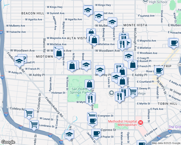 map of restaurants, bars, coffee shops, grocery stores, and more near 515 West Ashby Place in San Antonio