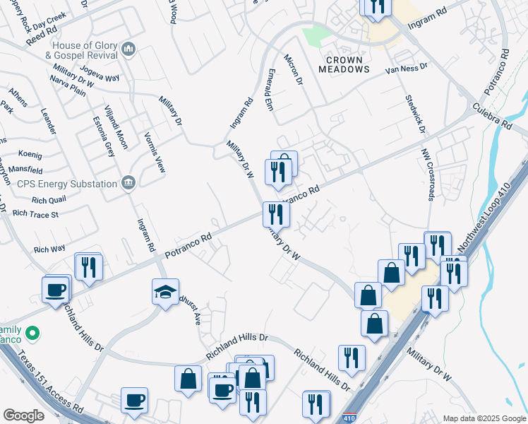 map of restaurants, bars, coffee shops, grocery stores, and more near Potranco Rd & W Military Dr in San Antonio