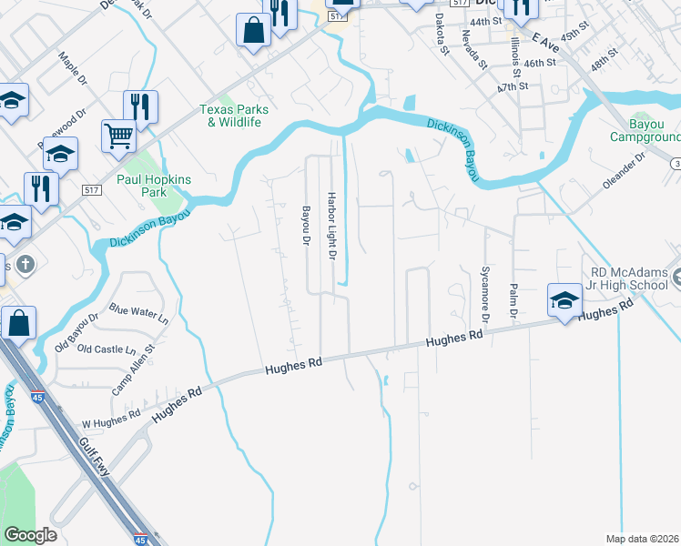 map of restaurants, bars, coffee shops, grocery stores, and more near 5407 Harbor Light Drive in Dickinson