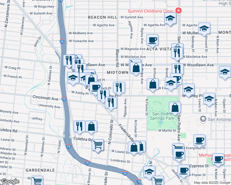 map of restaurants, bars, coffee shops, grocery stores, and more near 409 Blanco Road in San Antonio