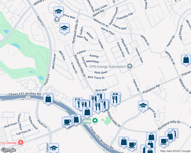 map of restaurants, bars, coffee shops, grocery stores, and more near 9023 Rich Trace Street in San Antonio