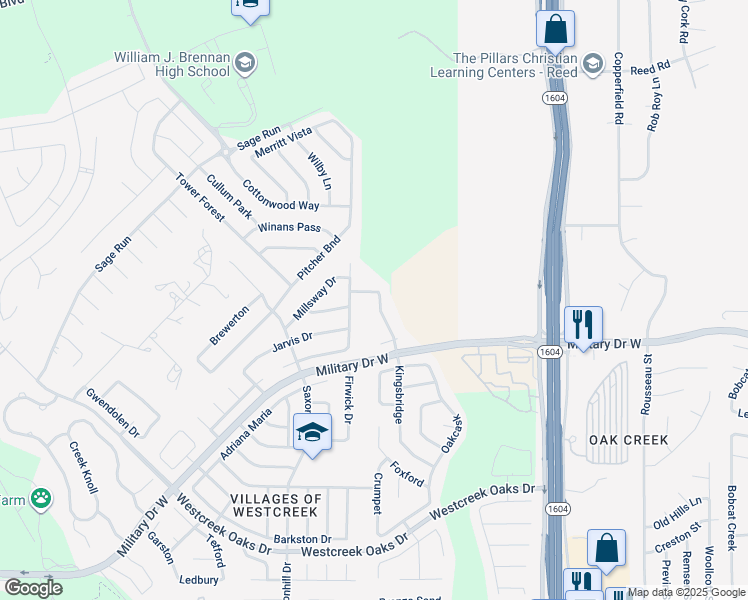 map of restaurants, bars, coffee shops, grocery stores, and more near 1835 Kingsbridge in San Antonio