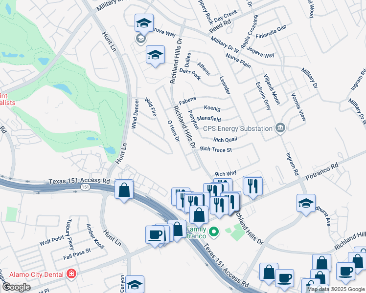 map of restaurants, bars, coffee shops, grocery stores, and more near 1218 O Hara Drive in San Antonio