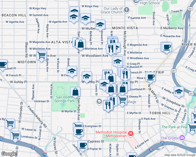 map of restaurants, bars, coffee shops, grocery stores, and more near 202 West French Place in San Antonio