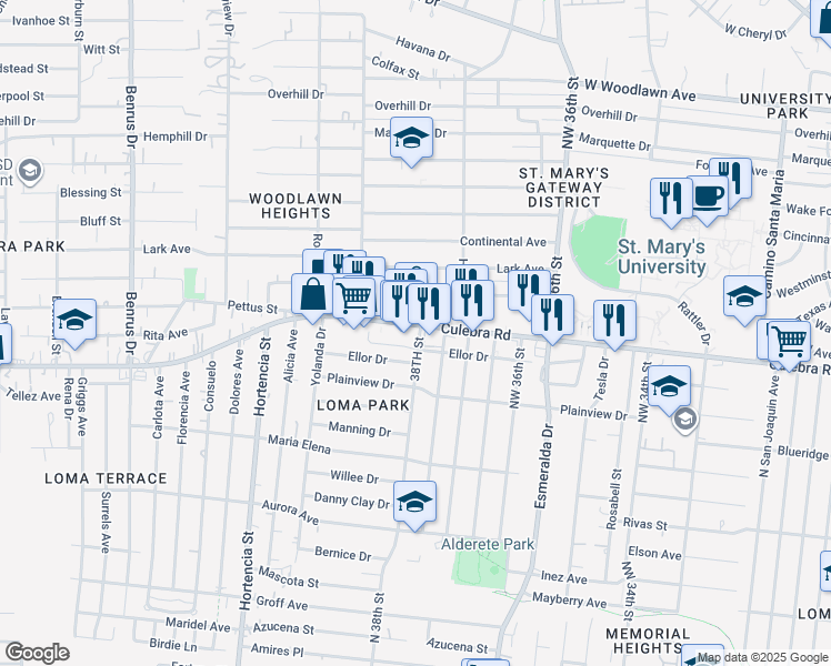 map of restaurants, bars, coffee shops, grocery stores, and more near 3642 Culebra Road in San Antonio