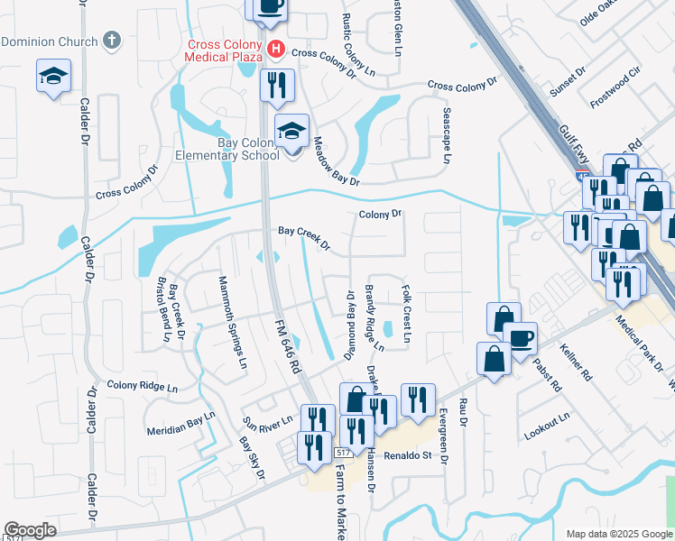 map of restaurants, bars, coffee shops, grocery stores, and more near 3011 Bay Bend Lane in Dickinson