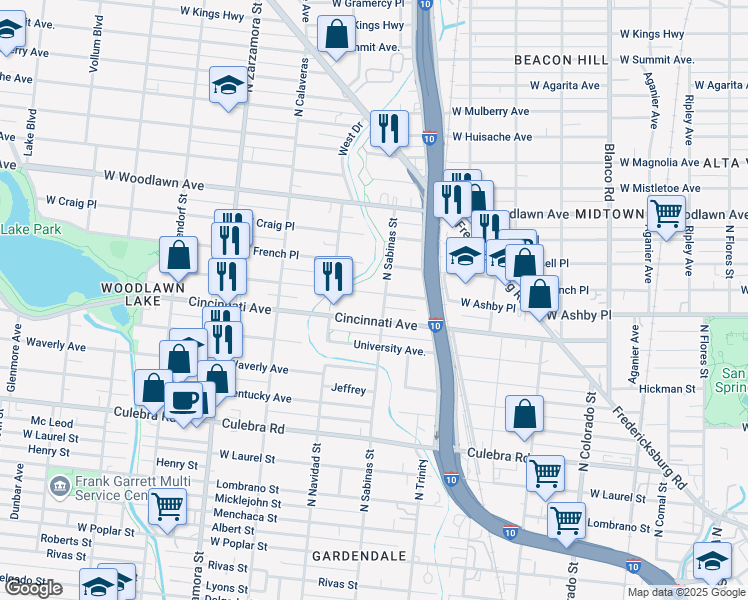 map of restaurants, bars, coffee shops, grocery stores, and more near 623 Cincinnati Avenue in San Antonio