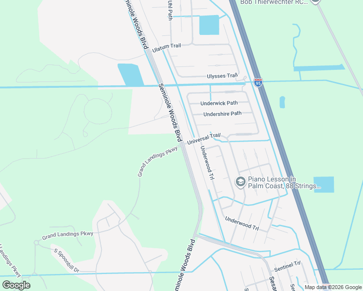map of restaurants, bars, coffee shops, grocery stores, and more near Seminole Woods Boulevard in Palm Coast