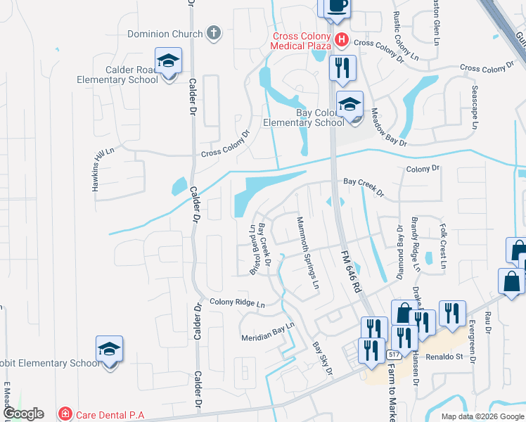 map of restaurants, bars, coffee shops, grocery stores, and more near 2873 Pebble Canyon Lane in Dickinson