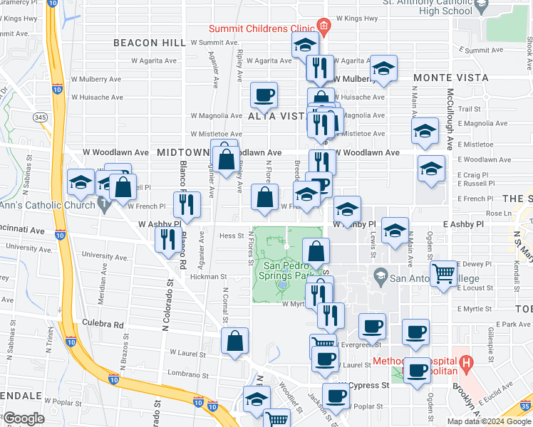 map of restaurants, bars, coffee shops, grocery stores, and more near 817 West Ashby Place in San Antonio