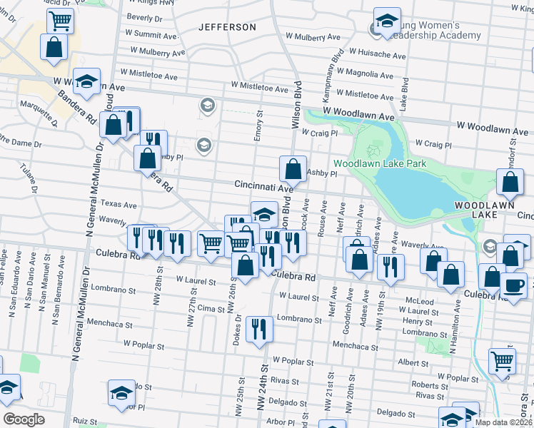 map of restaurants, bars, coffee shops, grocery stores, and more near 1828 Texas Avenue in San Antonio