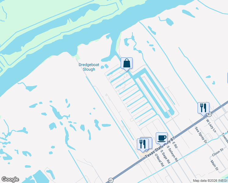 map of restaurants, bars, coffee shops, grocery stores, and more near 1101 Helen Dowdy Lane in Bolivar Peninsula