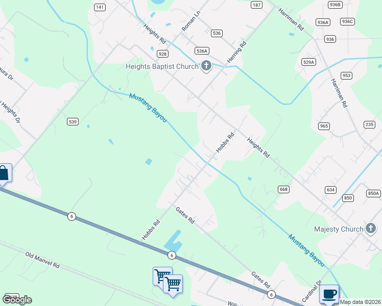 map of restaurants, bars, coffee shops, grocery stores, and more near 1261 County Road 147 in Alvin