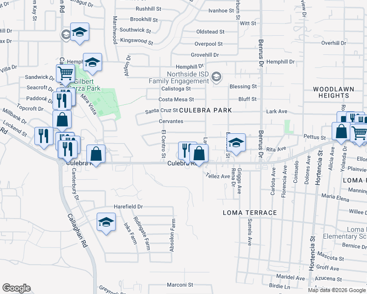 map of restaurants, bars, coffee shops, grocery stores, and more near 5342 San Simeon Drive in San Antonio