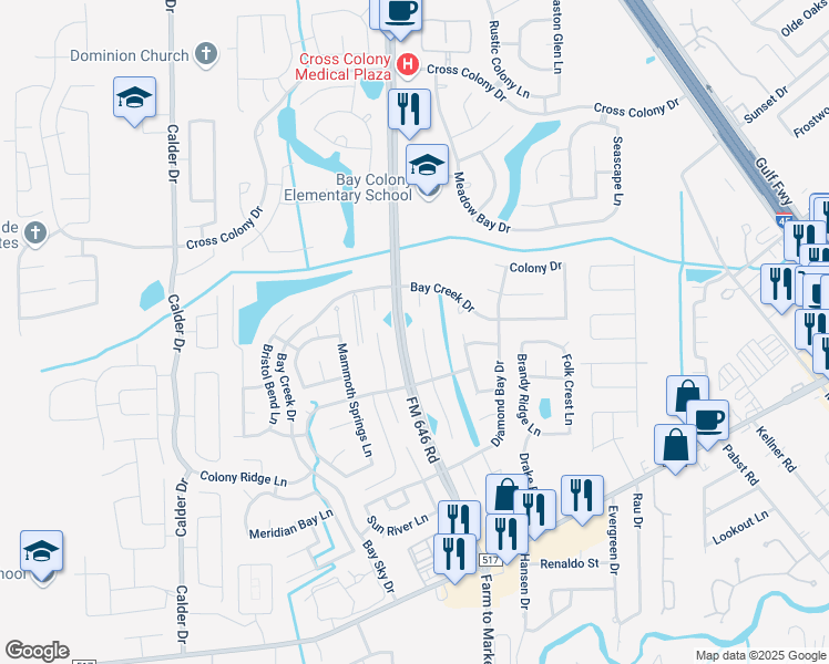 map of restaurants, bars, coffee shops, grocery stores, and more near 206 Colony Creek Drive in Dickinson