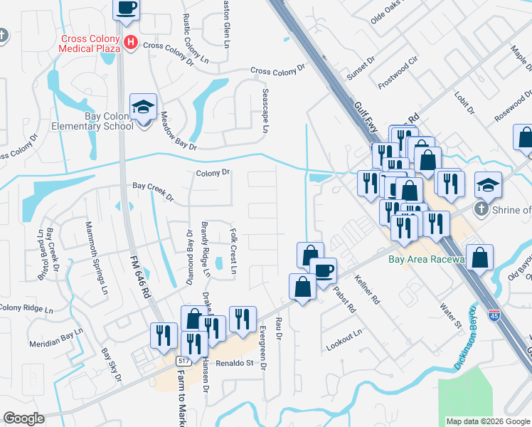 map of restaurants, bars, coffee shops, grocery stores, and more near 3407 Blue Wing Drive in Dickinson