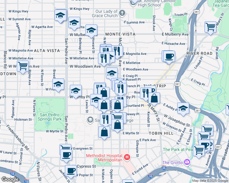 map of restaurants, bars, coffee shops, grocery stores, and more near 127 East Ashby Place in San Antonio