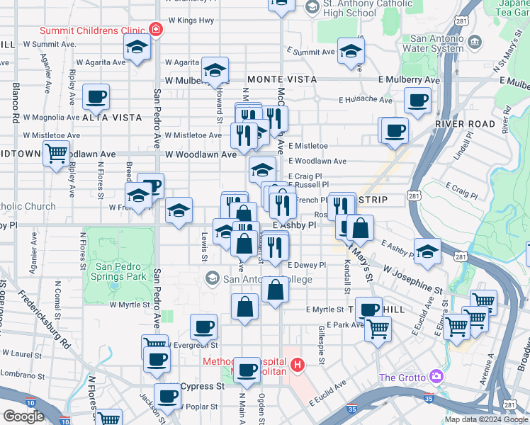 map of restaurants, bars, coffee shops, grocery stores, and more near 127 East Ashby Place in San Antonio